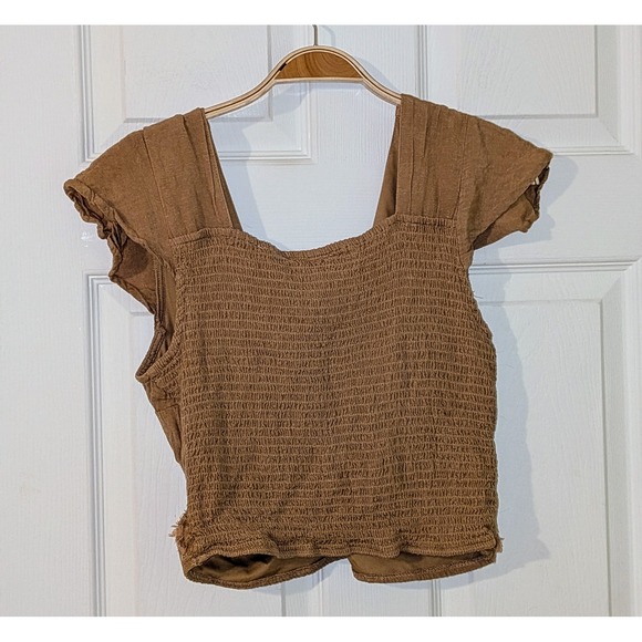 Midnight Sky Brown Twisted Front Smocked Square Neck Cap Sleeve Crop Top L - Picture 3 of 8